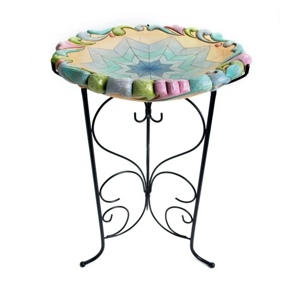 Jim Shore Quilt Star Bird Bath With Wire Stand #4016372 Enesco 2009